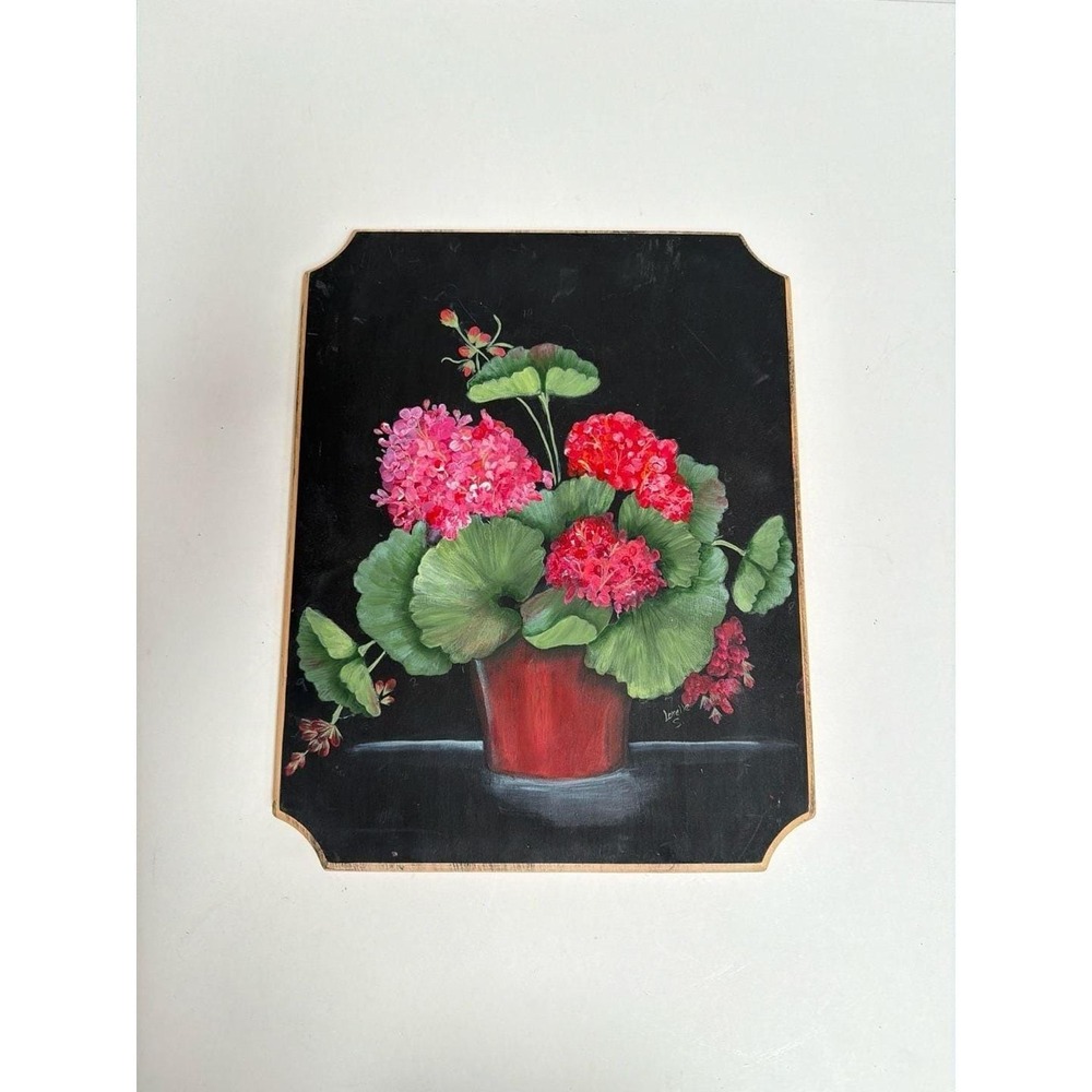 Vintage Hand Painted Geranium Floral Wood Plaque Signed‎ Lorelle S.